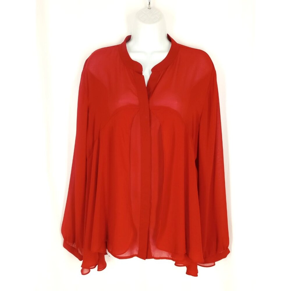 Chicos Sheer Red Top Blouse XL 3 Button Layered Flowy Dressy Long Balloon Sleeve